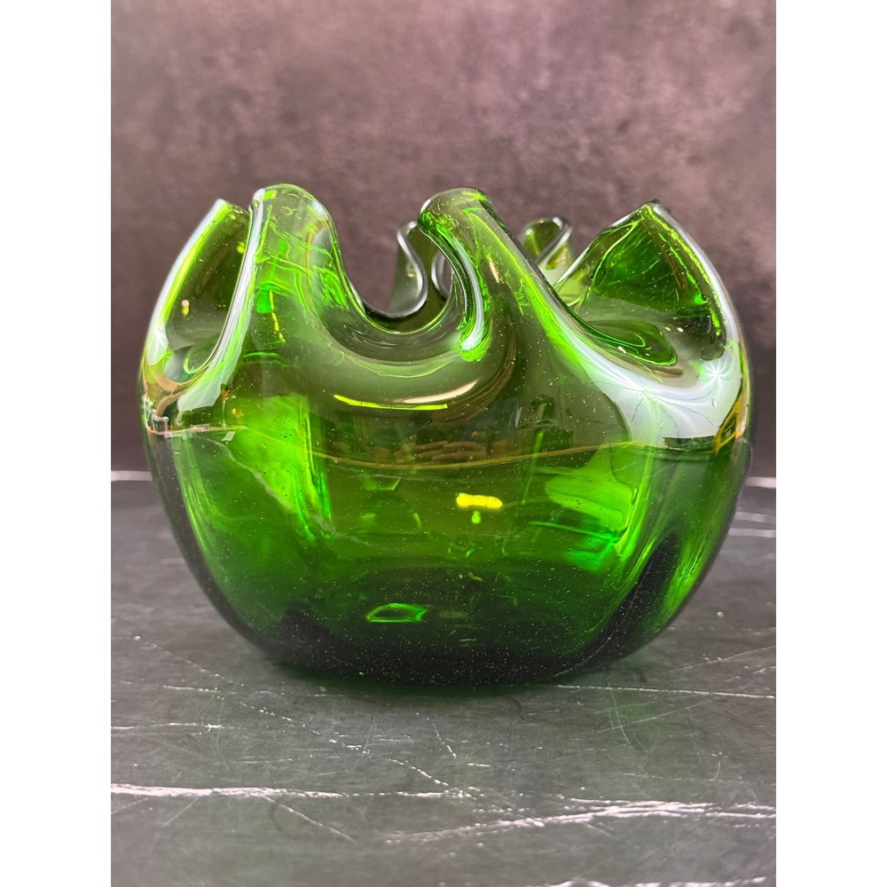 VTG Blenko Rose Bowl Forest Green Art Glass Ruffled Edge 6X4